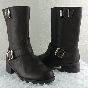 𝅺Sole Society Wylann Brown Leather Almond Toe Block Heel Mid Calf Harness Boot